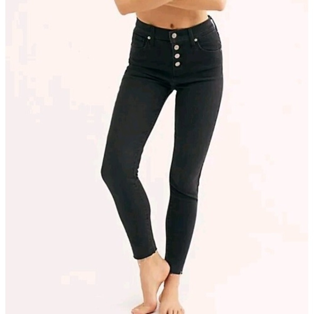 Free People Y2K Preppy Black Skinny Jeans  Raw Hem Button Front Sz 27 A005244